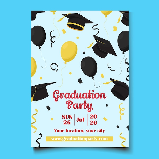 Vector plantilla de invitación para fiesta de graduación con elementos educativos y festivos: birrete, globos, confeti
