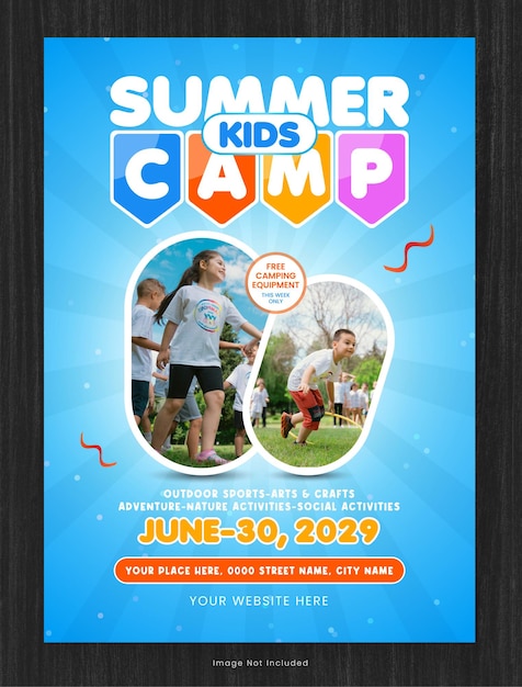 Vector plantilla de póster de campamento de verano para niños para deportes y actividades al aire libre