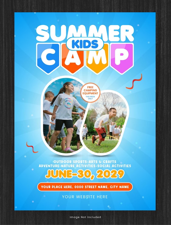 Vector plantilla de póster de campamento de verano para niños para deportes y actividades al aire libre