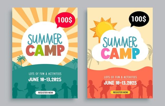 Vector set de plantillas de cliparts para campamentos de verano diseño de clip art para tarjetas de invitación de campamento de verano para la diversión de las vacaciones