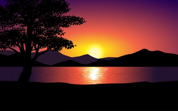 Vector vector paisaje al atardecer con silueta de árbol