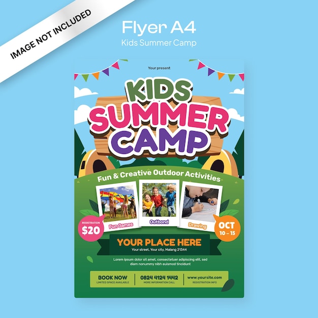 Vector el volante azul del campamento de verano para niños
