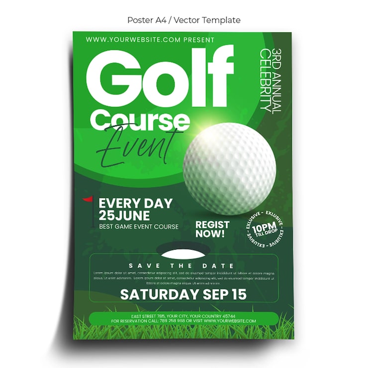 Vector un volante de evento de golf verde con las palabras evento de campo de golf.