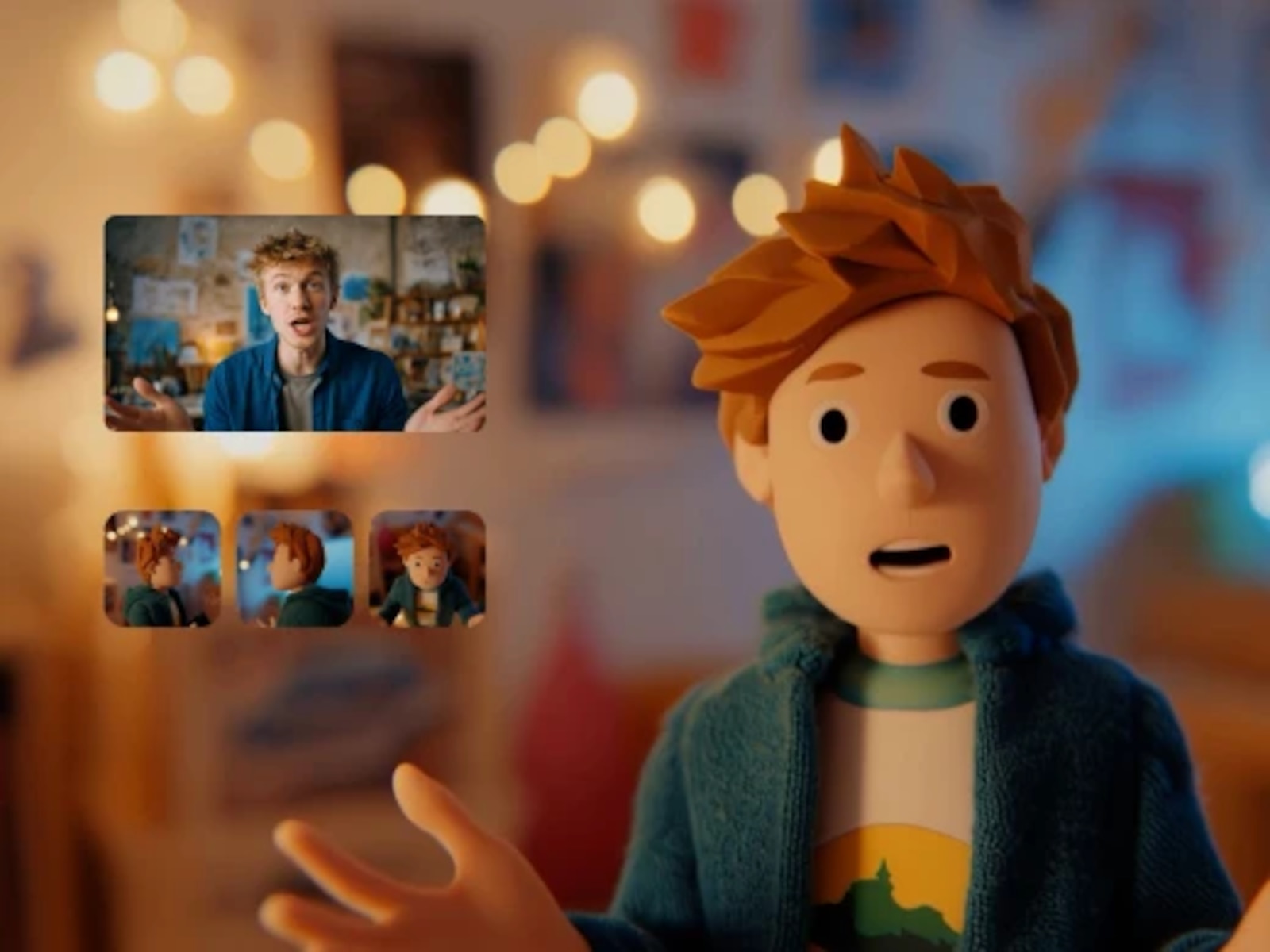 A stop-motion style puppet boy next to the actor's reference clip and 3 reference frames, generated with Kling 3.0 Motion Control on Magnific