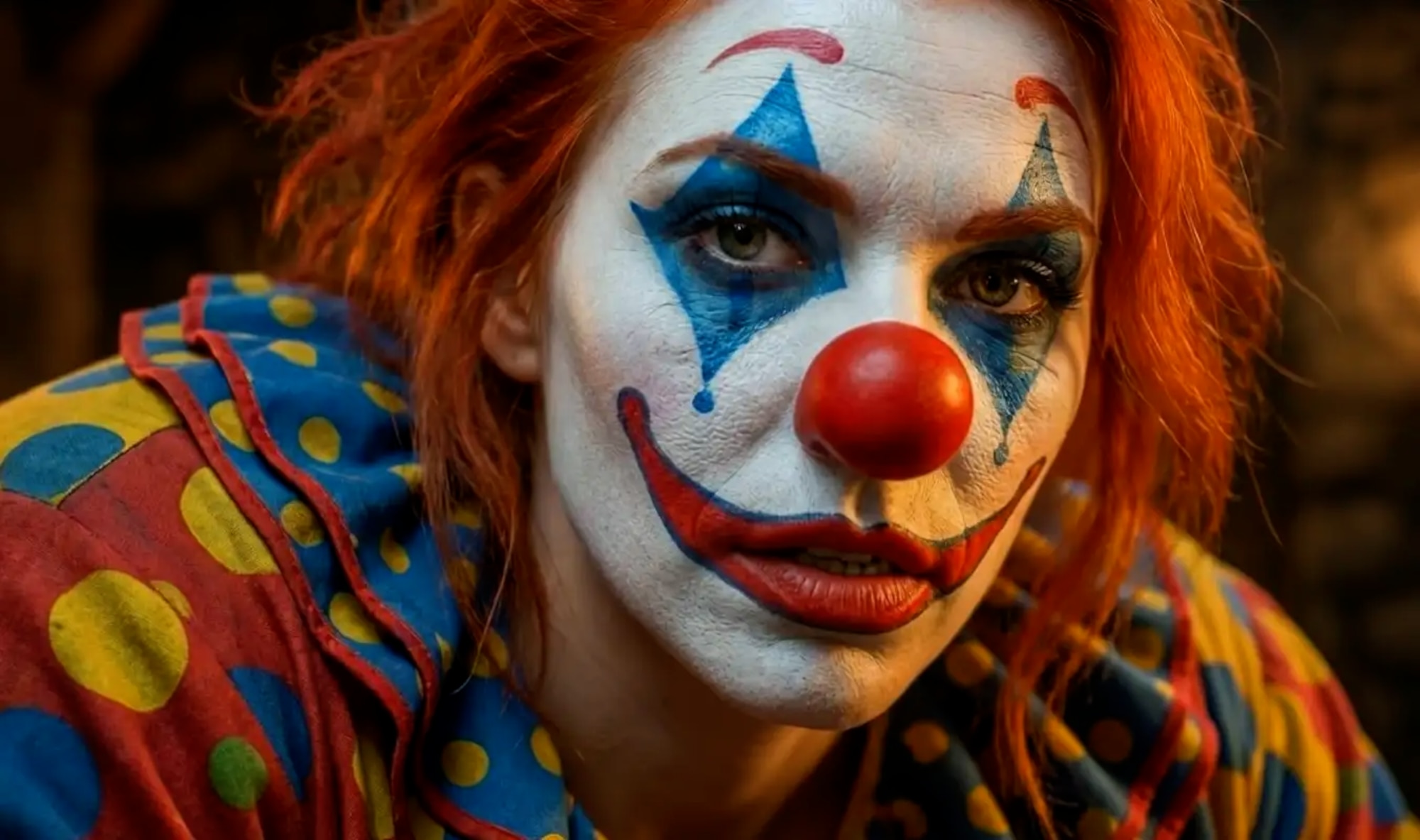 Close-up of a red-haired clown with a painted face and red nose, generated with Kling 2.6 on Magnific