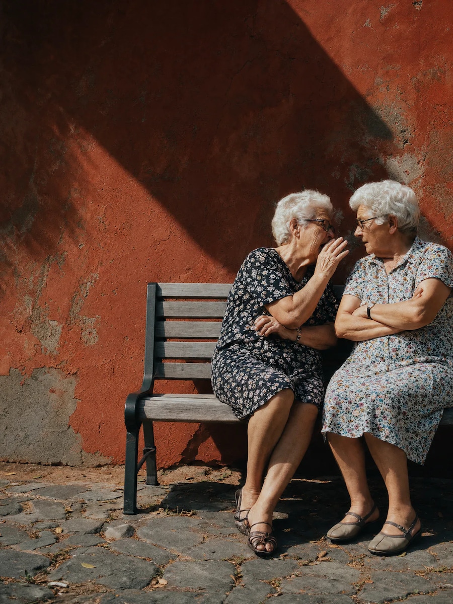 Dos abuelas con vestidos de flores charlando en un banco frente a una pared roja
