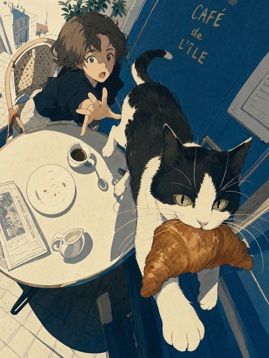 Ilustración: un gato de estilo anime que sale corriendo con un cruasán mientras una chica intenta alcanzarlo