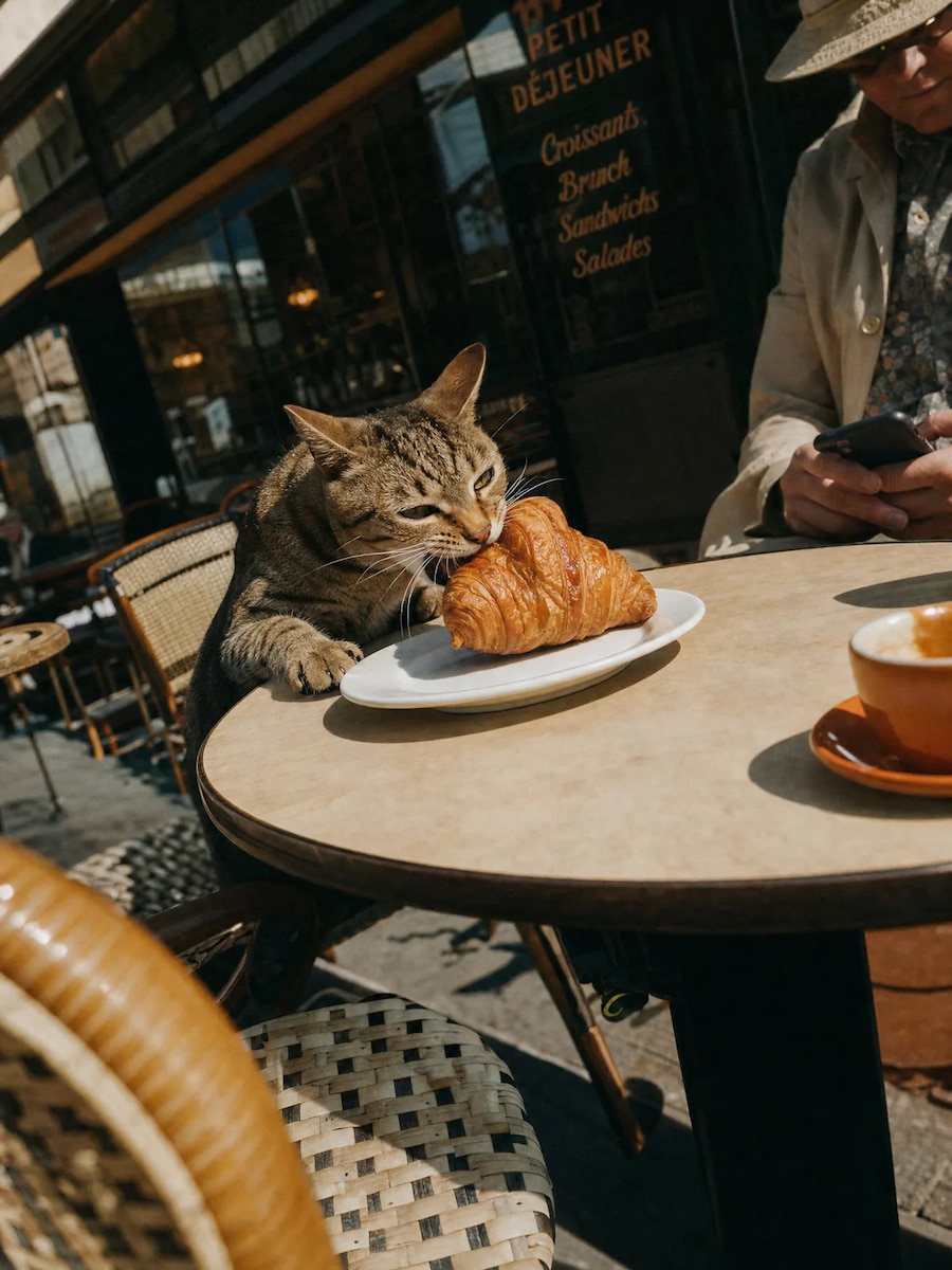 Foto: un gato atigrado mordiendo un cruasán en la mesa de una terraza de una cafetería parisina
