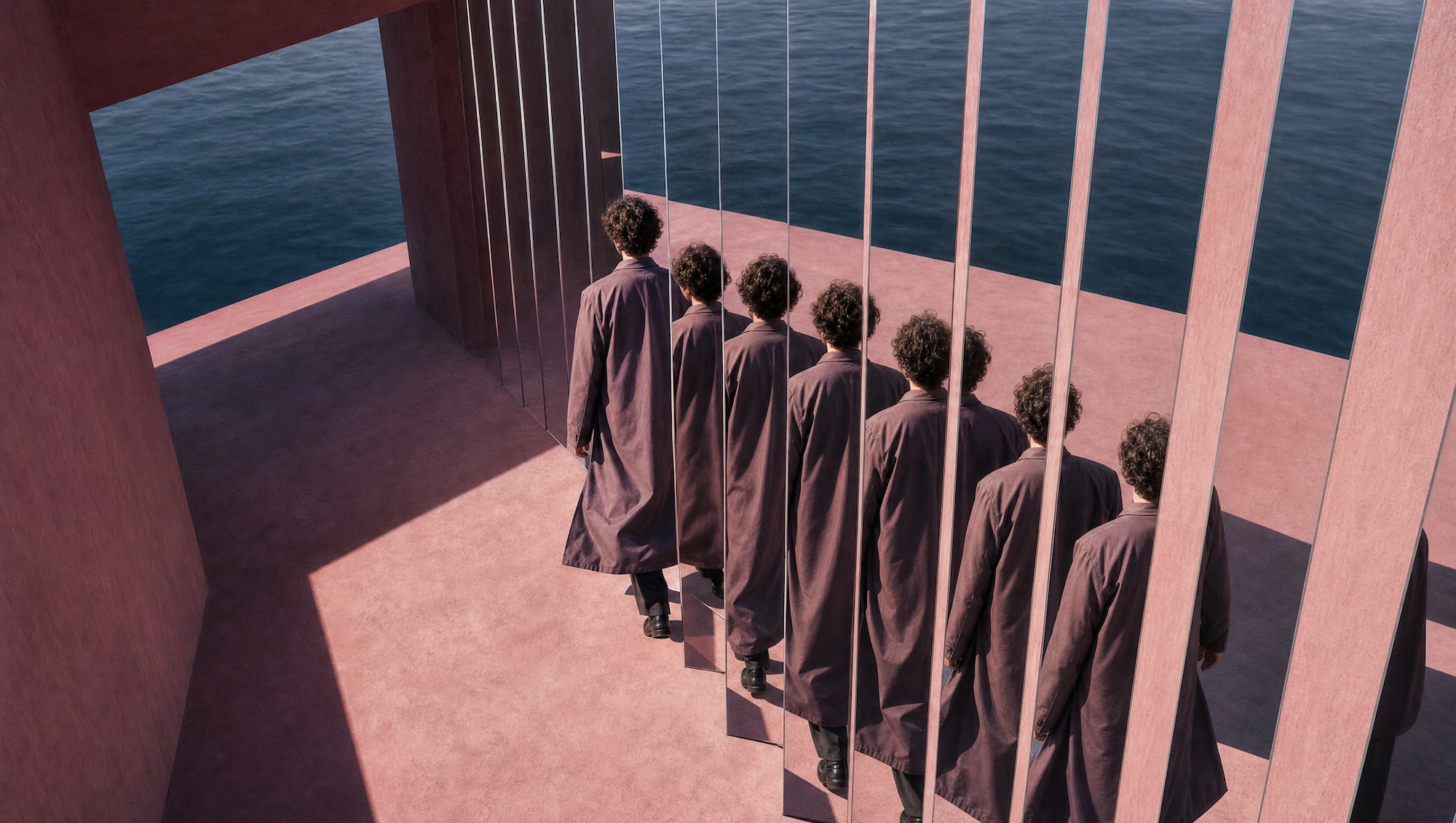 Row of identical robed figures in a pink corridor by the sea