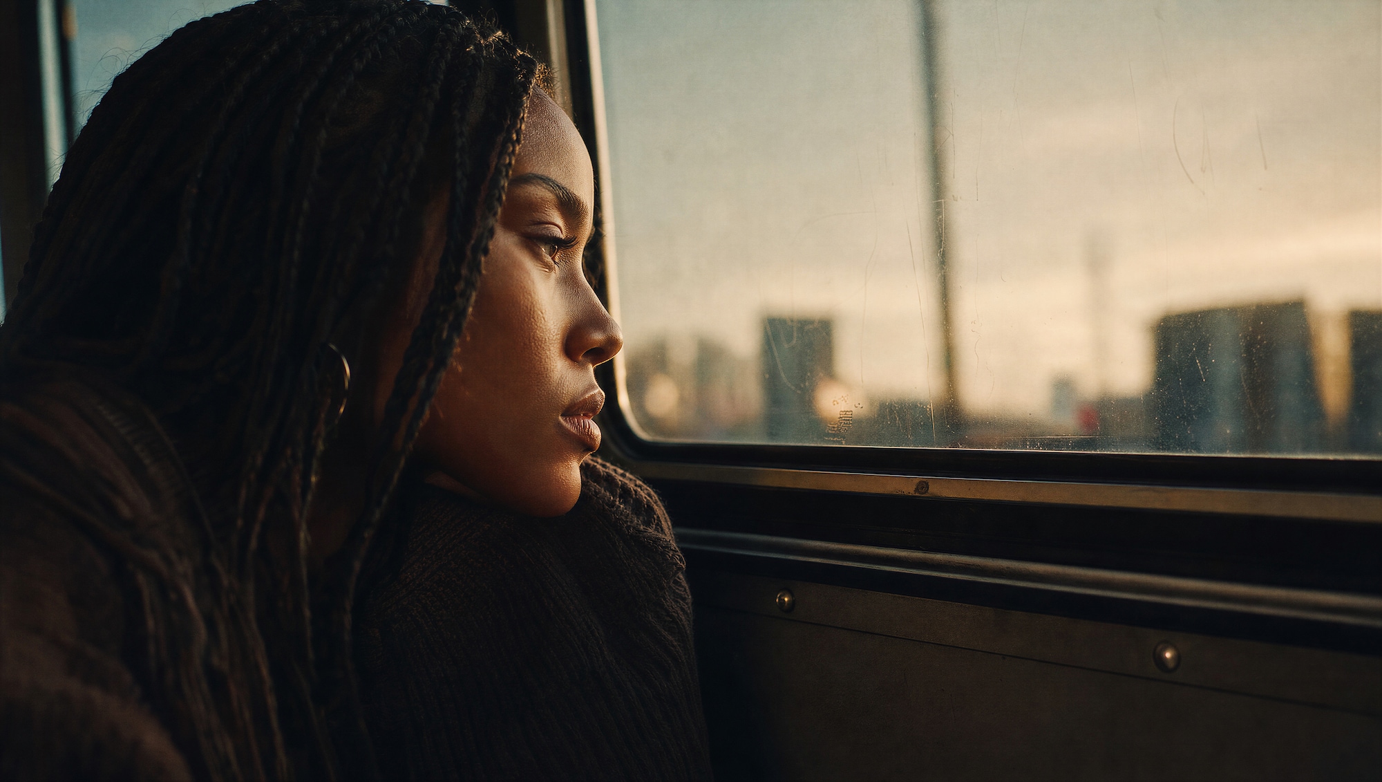 Woman with long braids gazing out of a train window at a city
