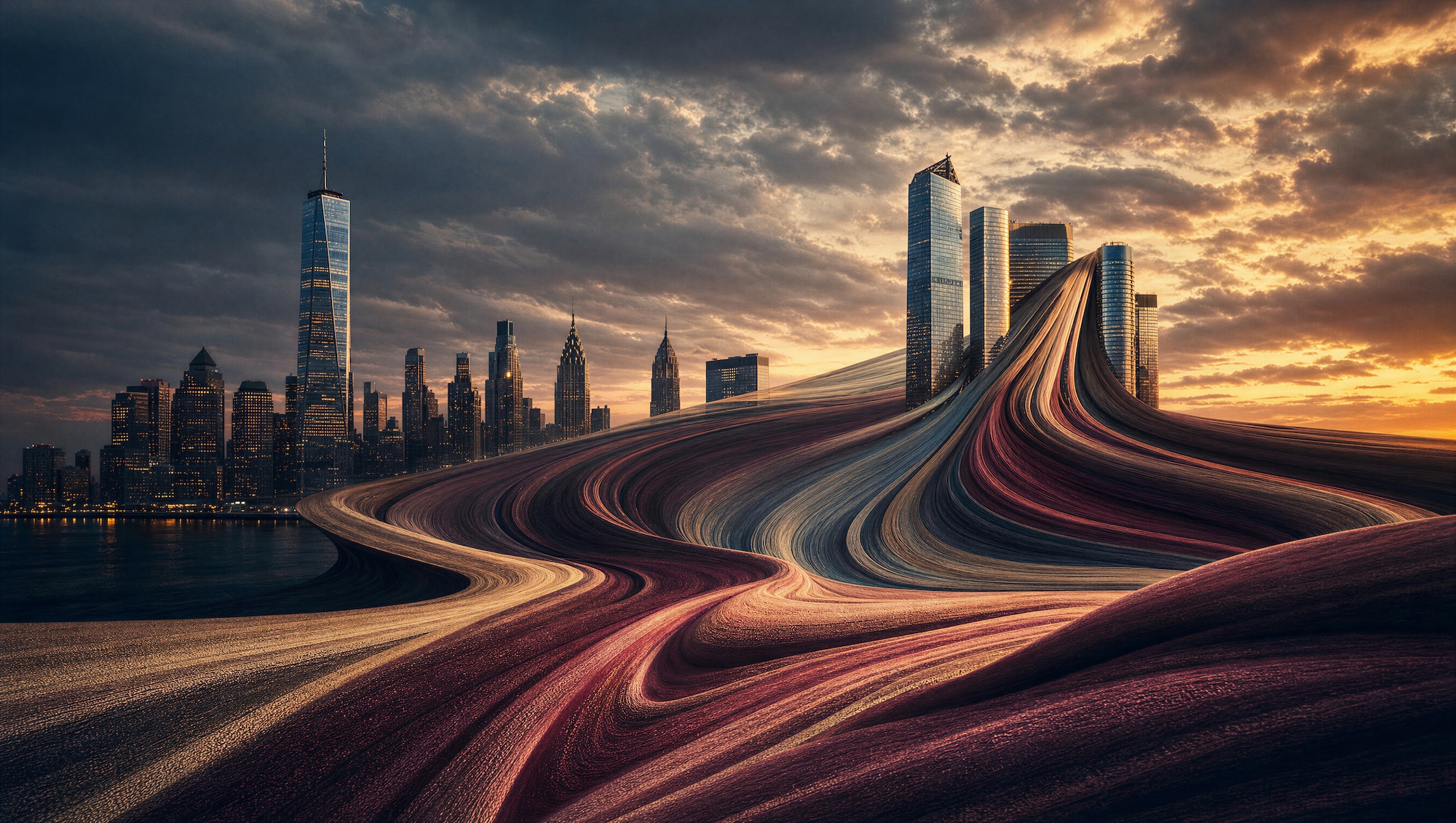 City skyline at dusk with ribbons of color flowing like roads toward it